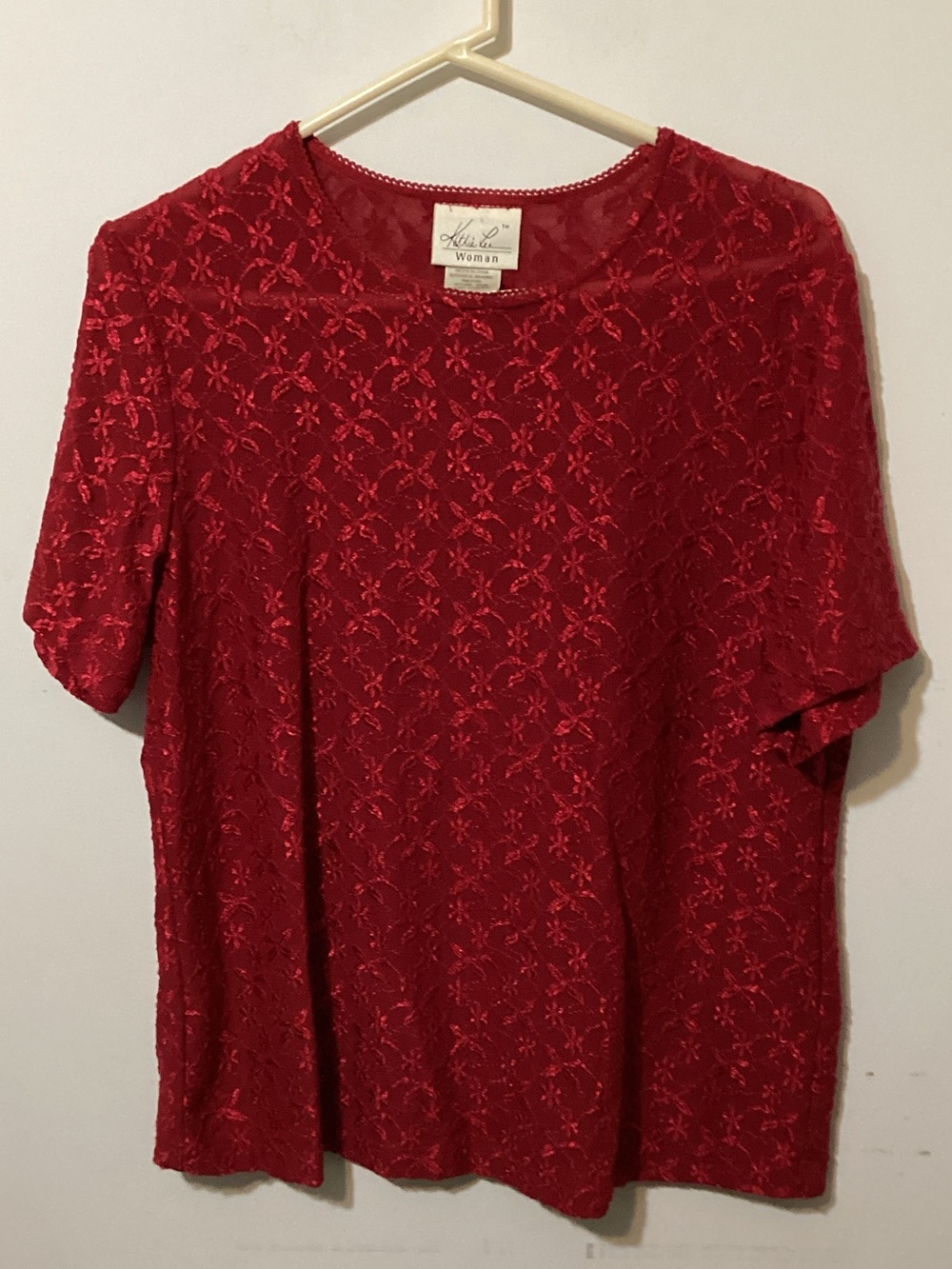 Vintage Y2K Kathie Lee Woman Red Floral Lace Short Sleeve Blouse  XL / Plus